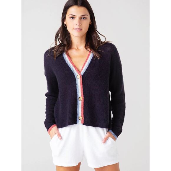 Sundry Contrast  Stripe Cardigan Tennis Varsity Preppy Navy Wool  Cashmere - Picture 1 of 7